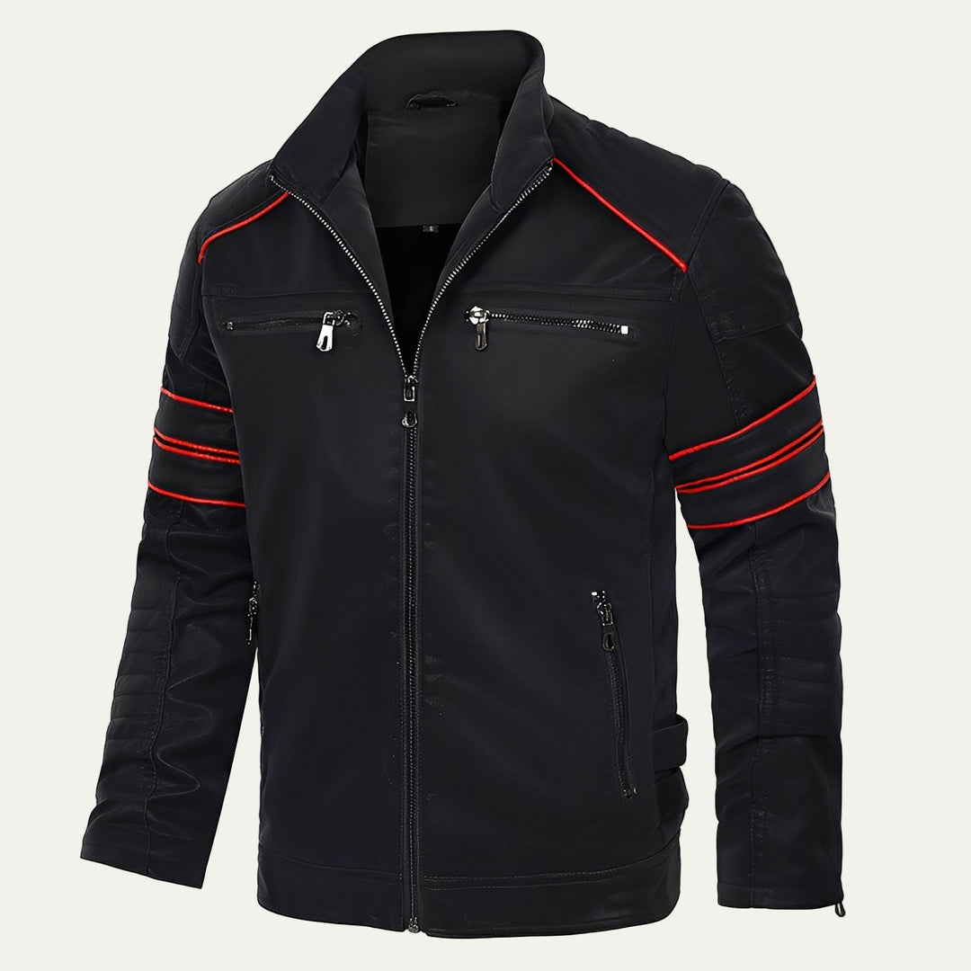 Mens Biker Jacket with Zip and Stripe Accent