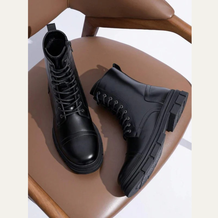 Mens Combat Boots Leather Cap Toe Side Zipper