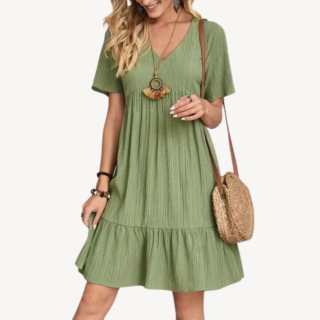 Womens Cotton Dress V-Neck Ruffle Summer