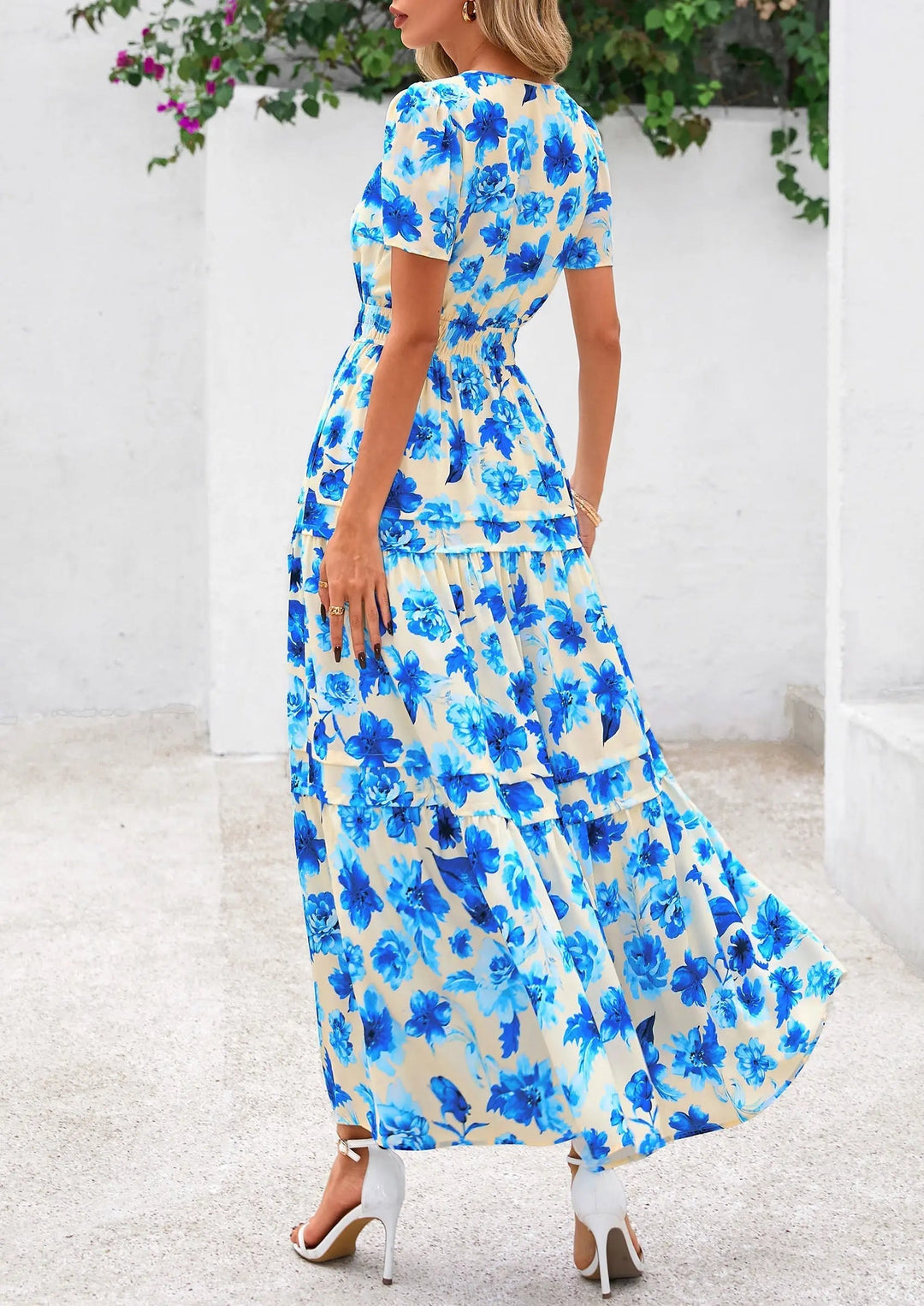 Womens Maxi Dress Floral Boho V-Neck Short Sleeve Flowy A-Line