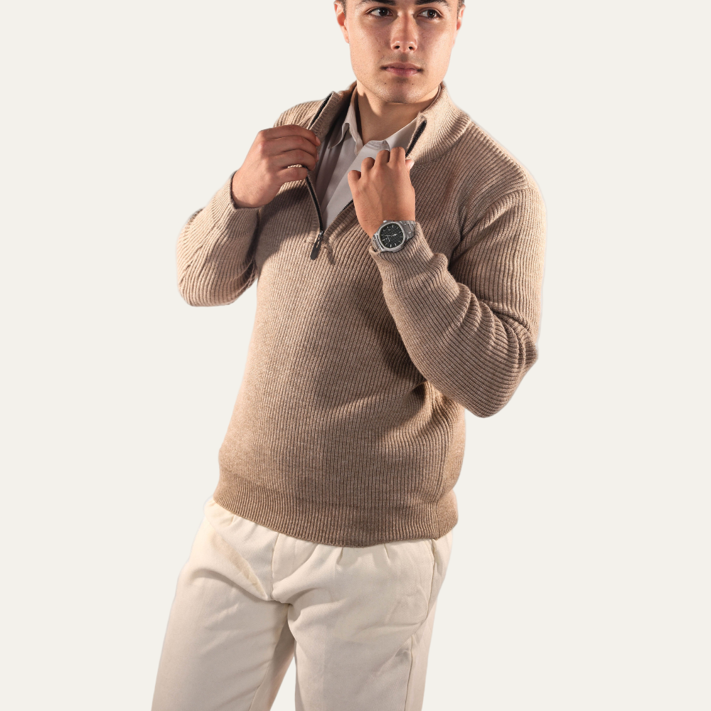 Men’s Stand Collar Quarter Zip Rib Knit Sweater