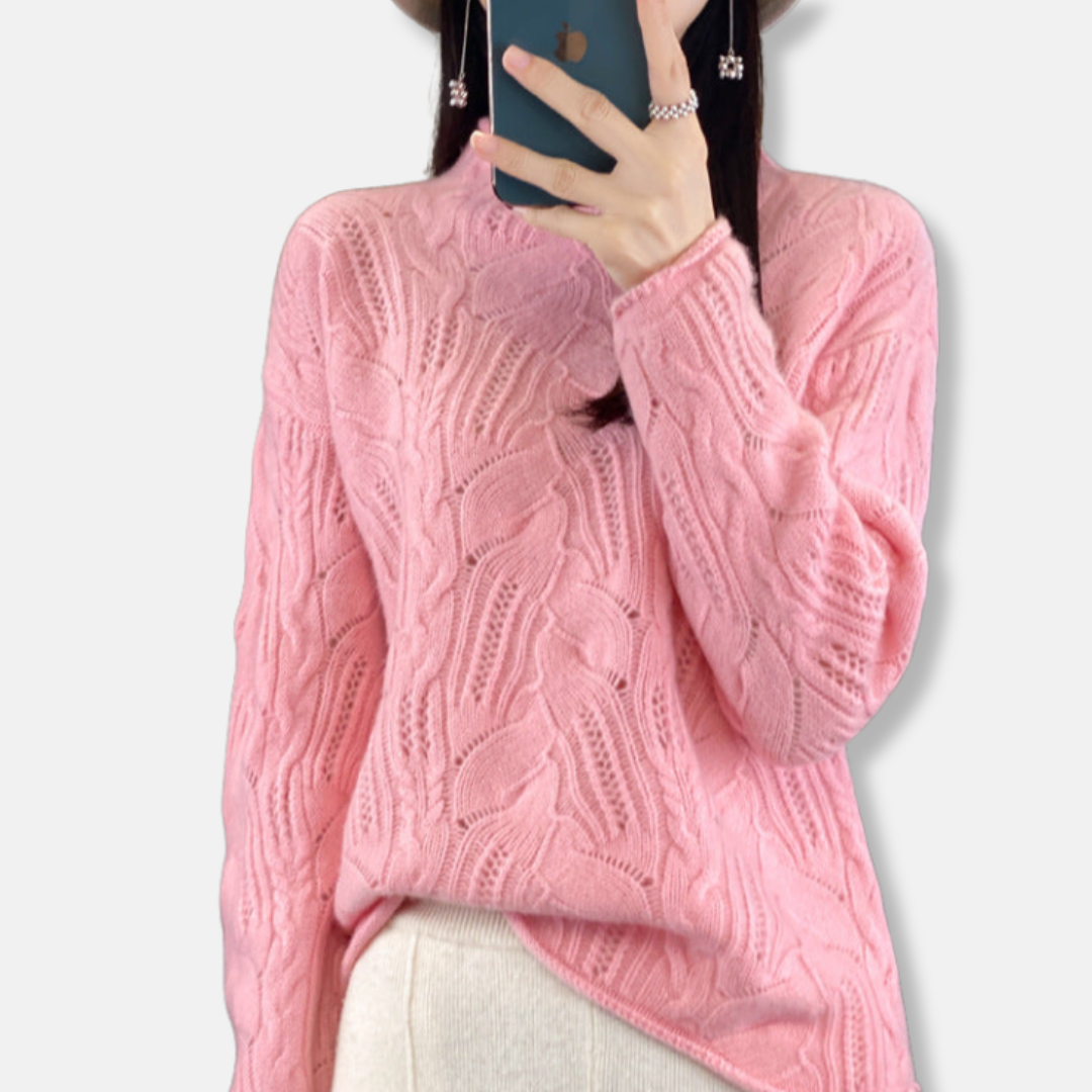 Womens Sweater Open-Knit Soft Knit Mock Neck Loose Fit - BritishMode