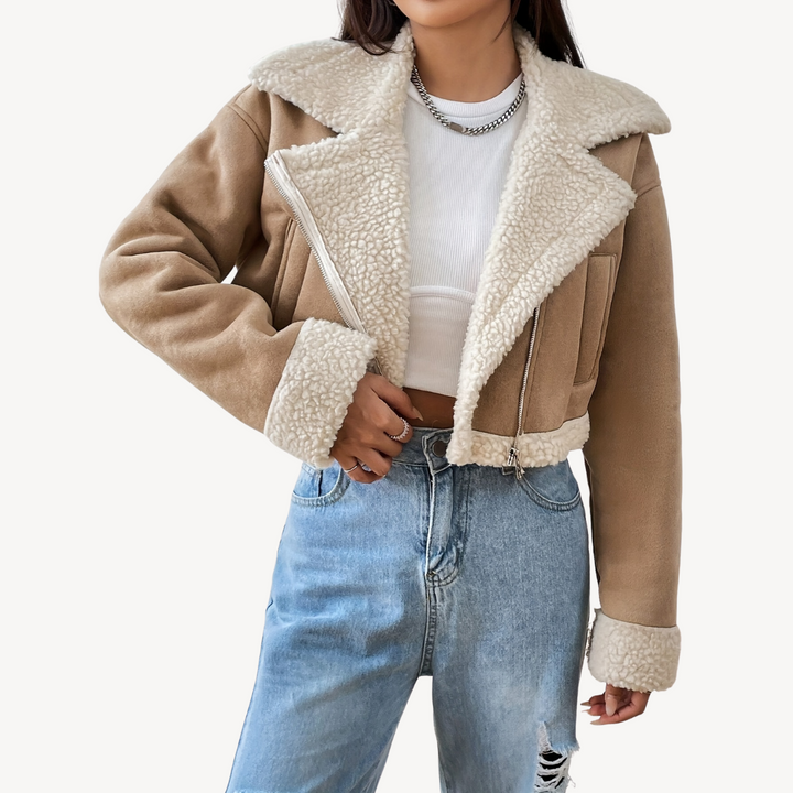 Womens Suede Jacket with Faux Fur Collar - BritishMode