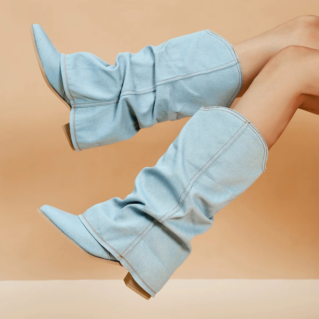 Womens Denim Ankle Boots Block Heel - BritishMode