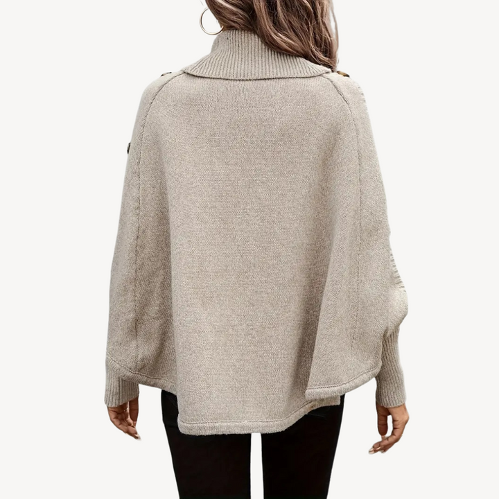 Womens Cable Knit Poncho Sweater with Button Detail