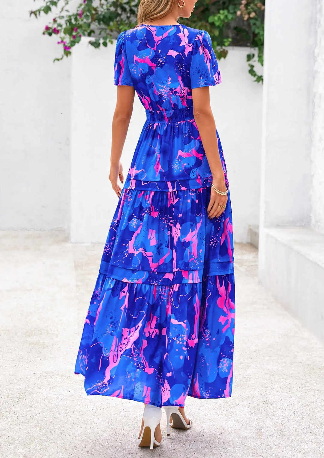 Womens Maxi Dress Floral Boho V-Neck Short Sleeve Flowy A-Line