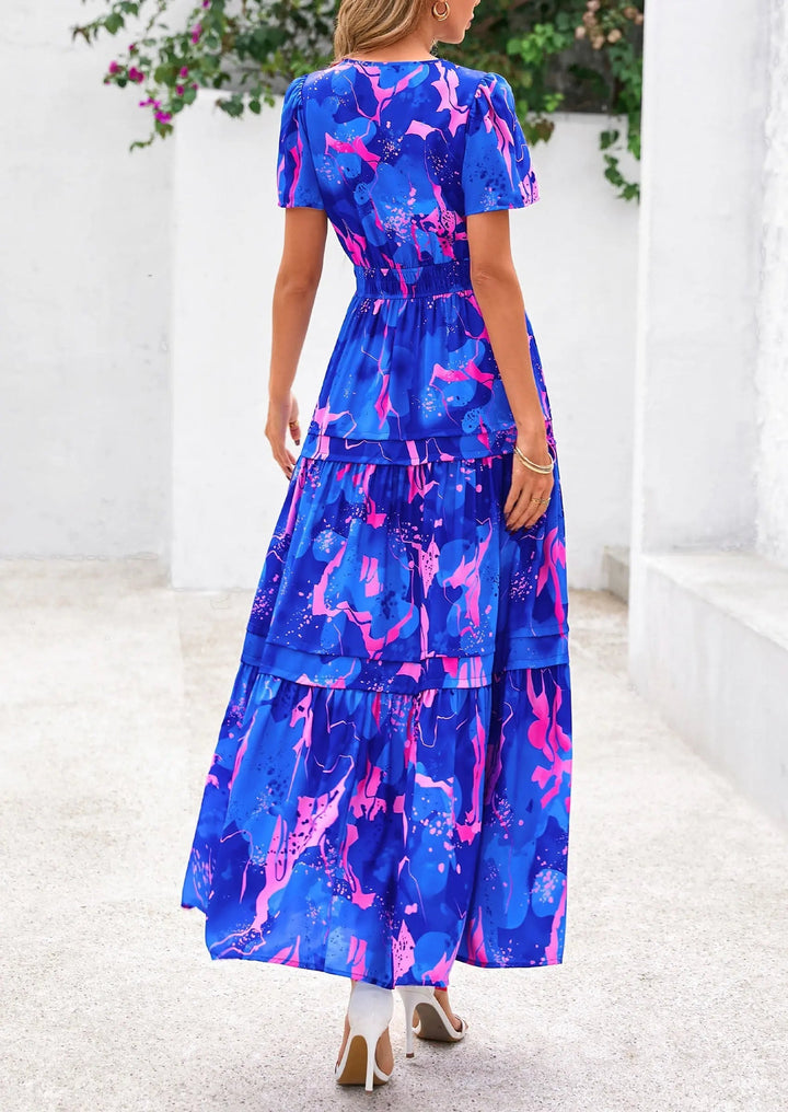 Womens Maxi Dress Floral Boho V-Neck Short Sleeve Flowy A-Line