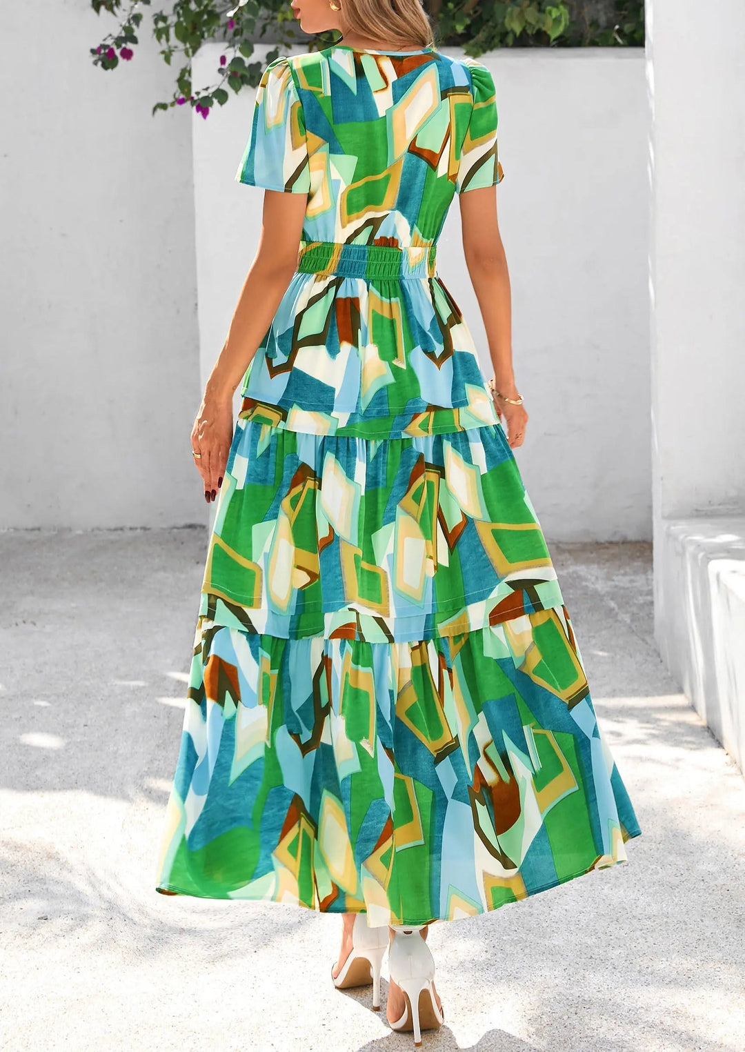 Womens Maxi Dress Floral Boho V-Neck Short Sleeve Flowy A-Line