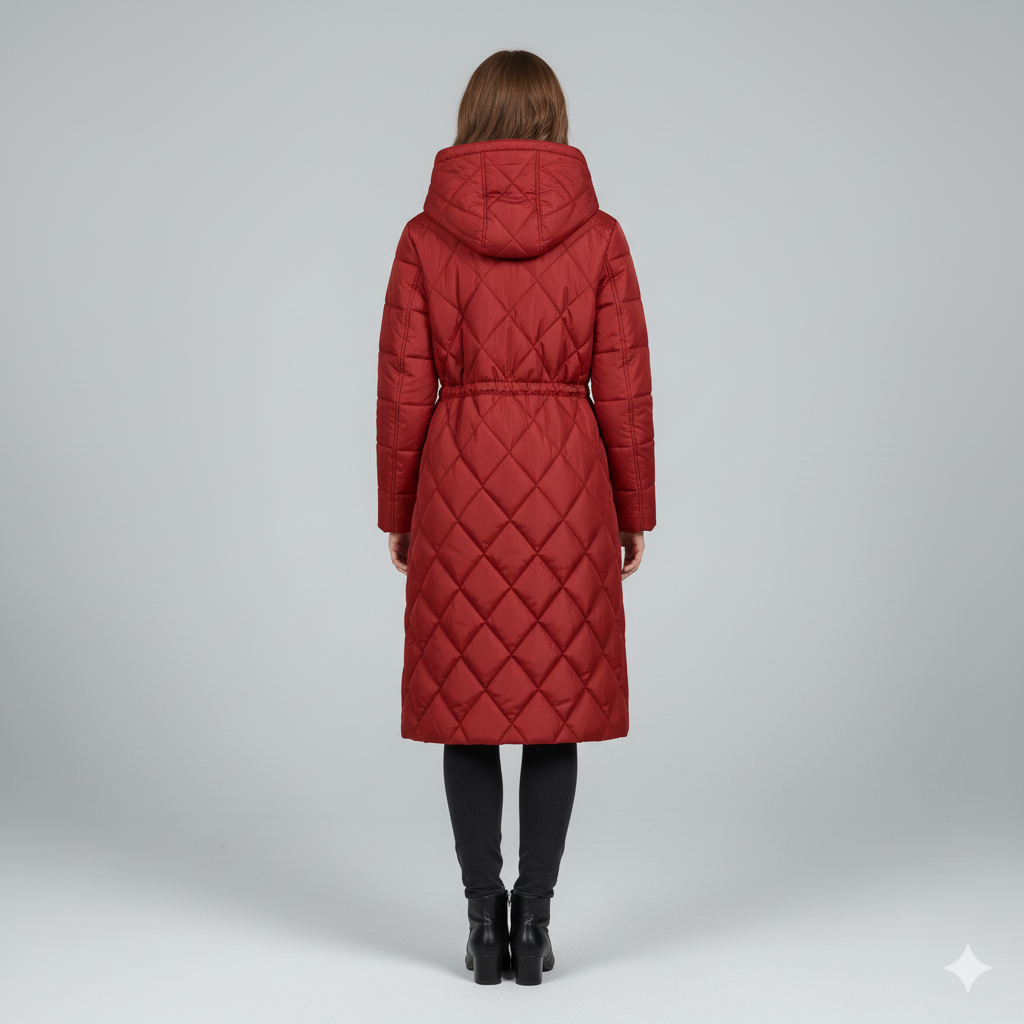 Womens Quilted Padded Jacket with Hood Knee-Length Fit