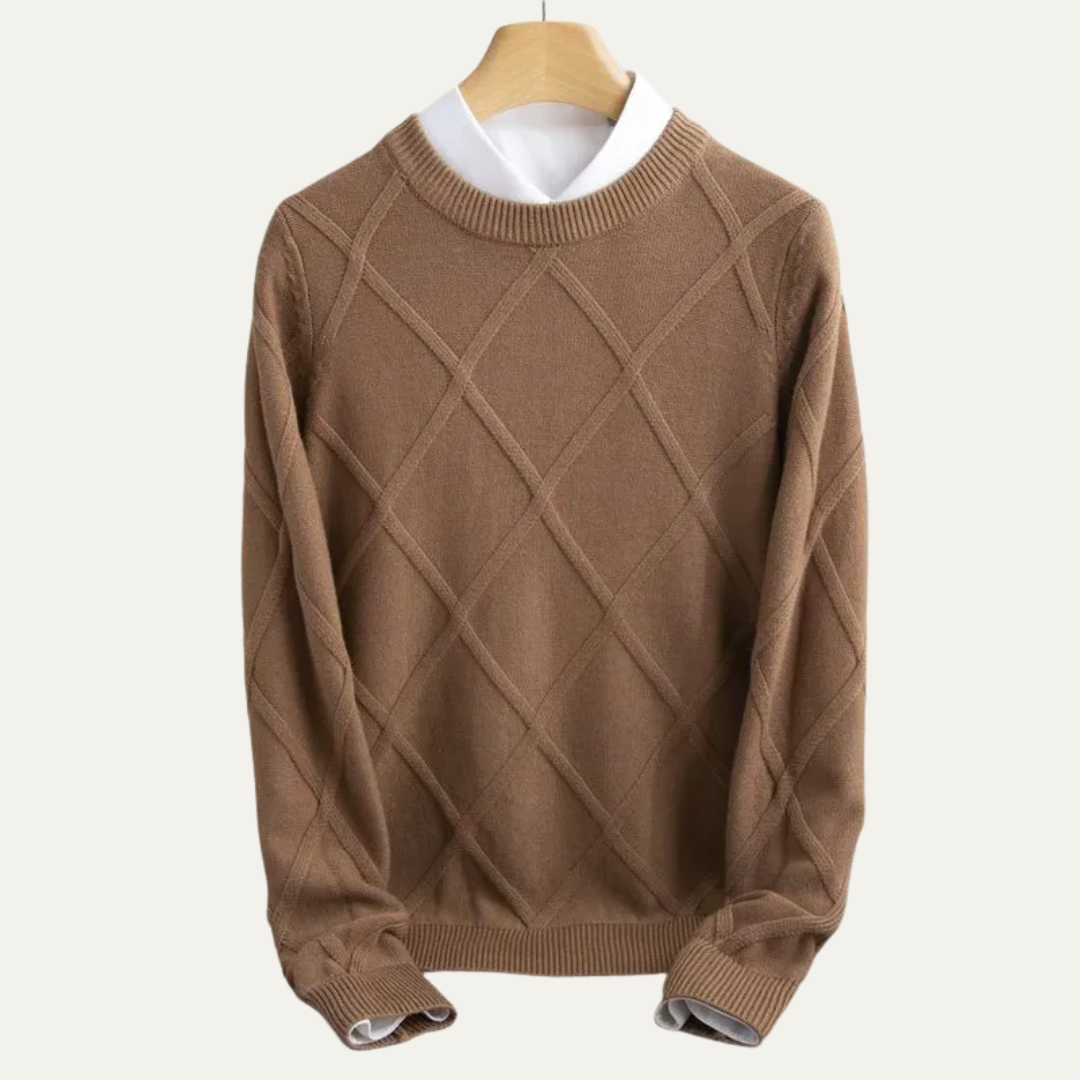 Mens Crew Neck Sweater Argyle Pattern Ribbed Fit