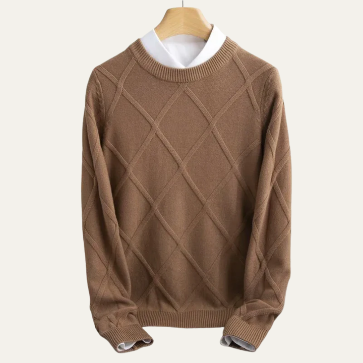 Mens Crew Neck Sweater Argyle Pattern Ribbed Fit