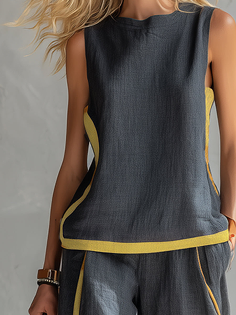 Womens Sleeveless Pants Set with Contrast Trim Wide Leg