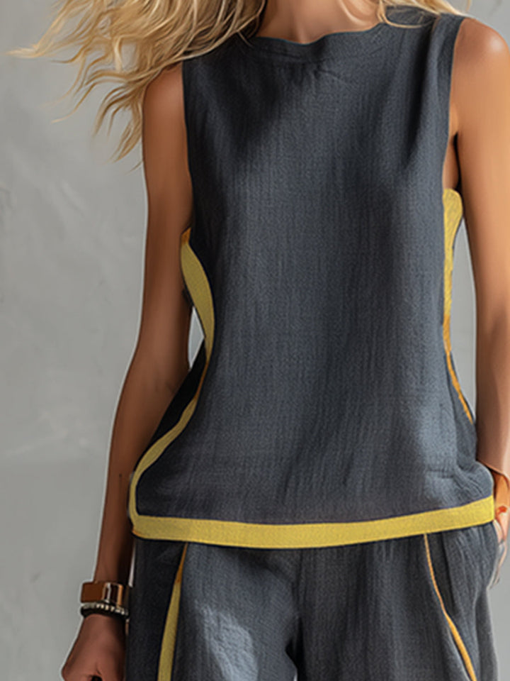 Womens Sleeveless Pants Set with Contrast Trim Wide Leg