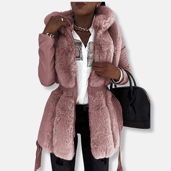 Womens Mid-Length Coat Imitation Fur Front Belted Tailored Fit