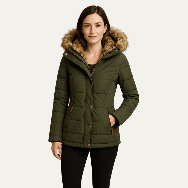Womens Quilted Puffer Jacket Faux Fur Hooded