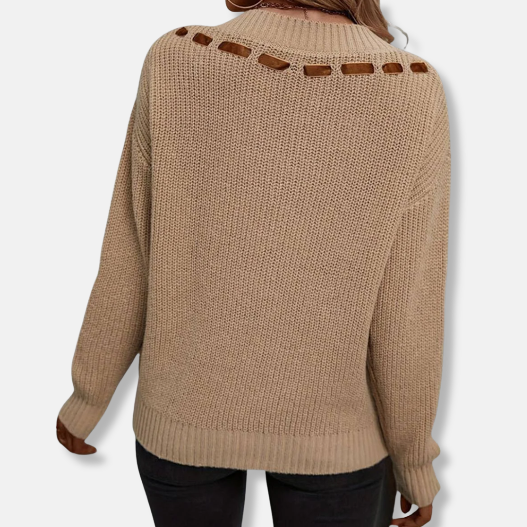 Womens Sweatshirt Ribbed Knit V-Neck Relaxed Fit Long Sleeve Ribbon