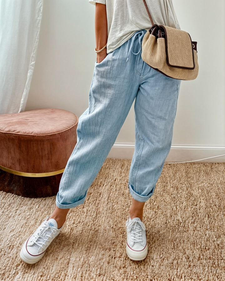 Mens Linen Jogger Trousers Textured Drawstring Fit