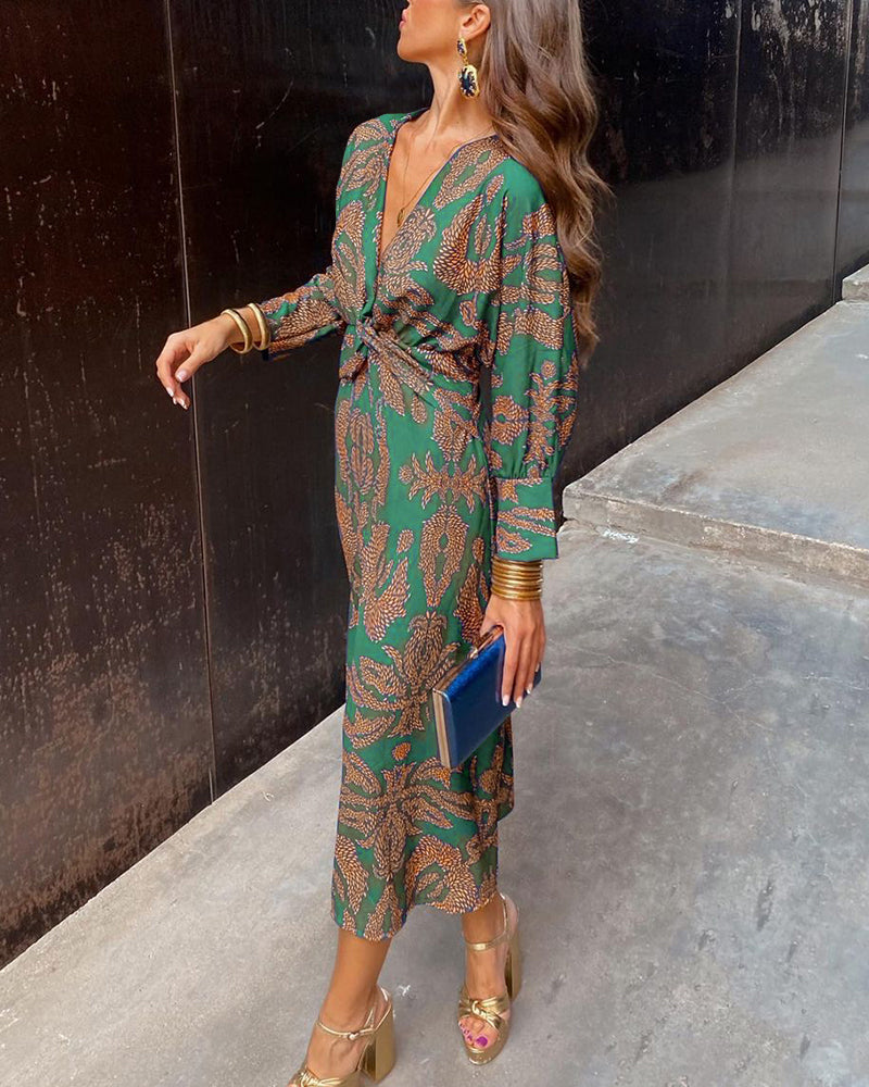 Womens Wrap Midi Dress Botanical Print Twist-Knot
