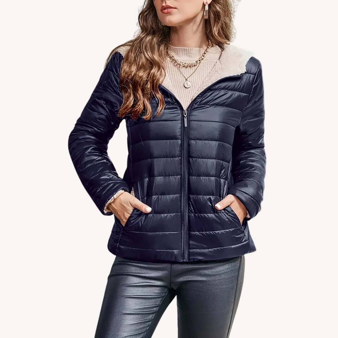 Womens Puffer Jacket Sherpa Lining Zipper Closure