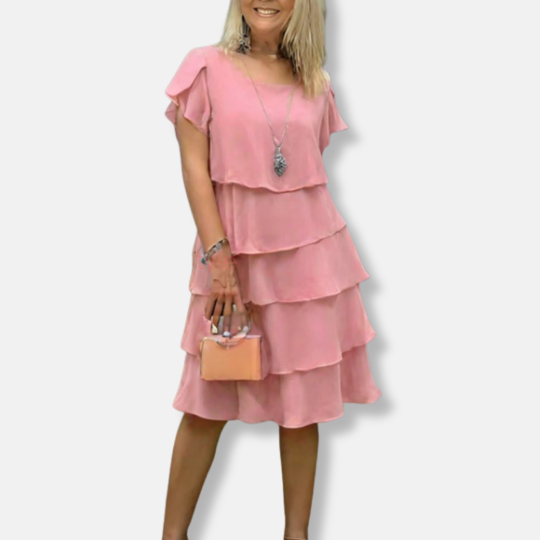 Womens A-Line Dress Tiered Scoop Neck Flutter Sleeve