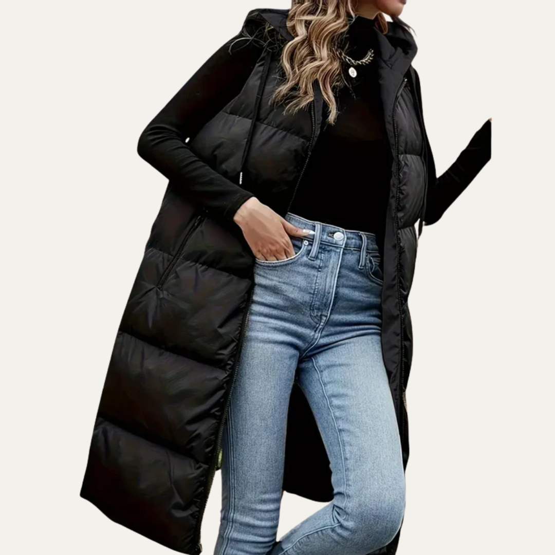 Womens Longline Puffer Vest with Hooded Design