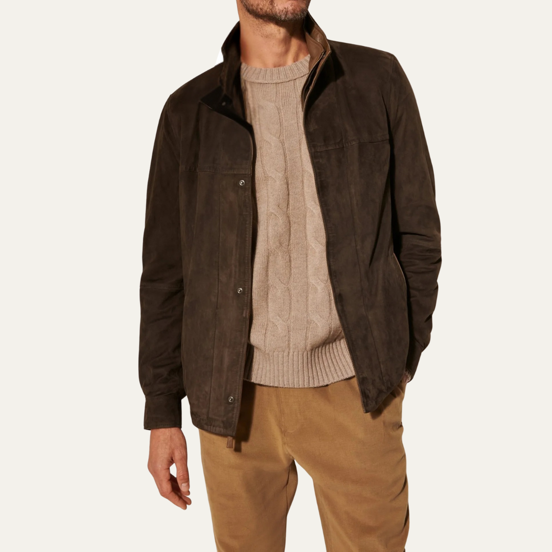 Mens Suede Bomber Jacket Retro Zip-Up Style