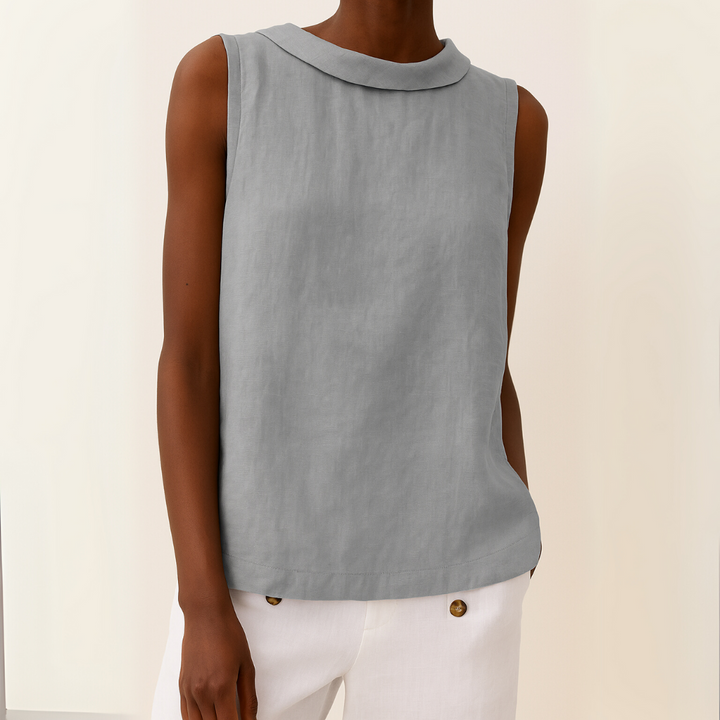 Womens Sleeveless Linen Top Rolled Collar Relaxed Fit - BritishMode