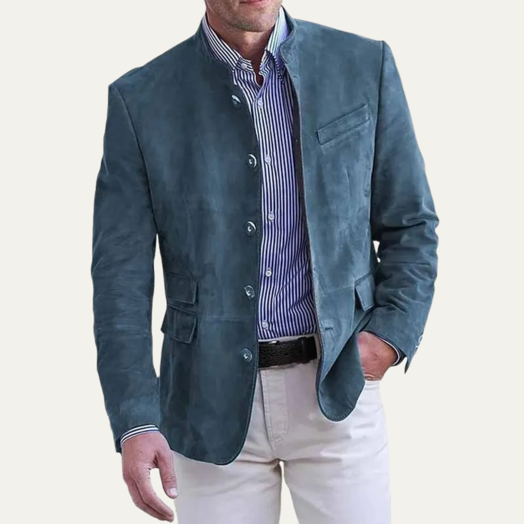 Mens Suede Blazer Jacket Smart Stand Collar Button-Up