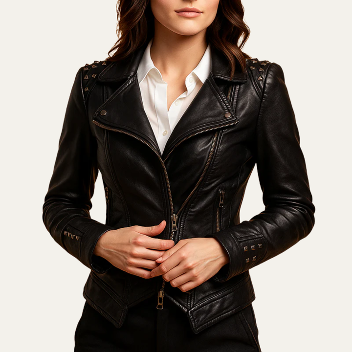 Womens Leather Motorcycle Jacket Studded Slim Fit