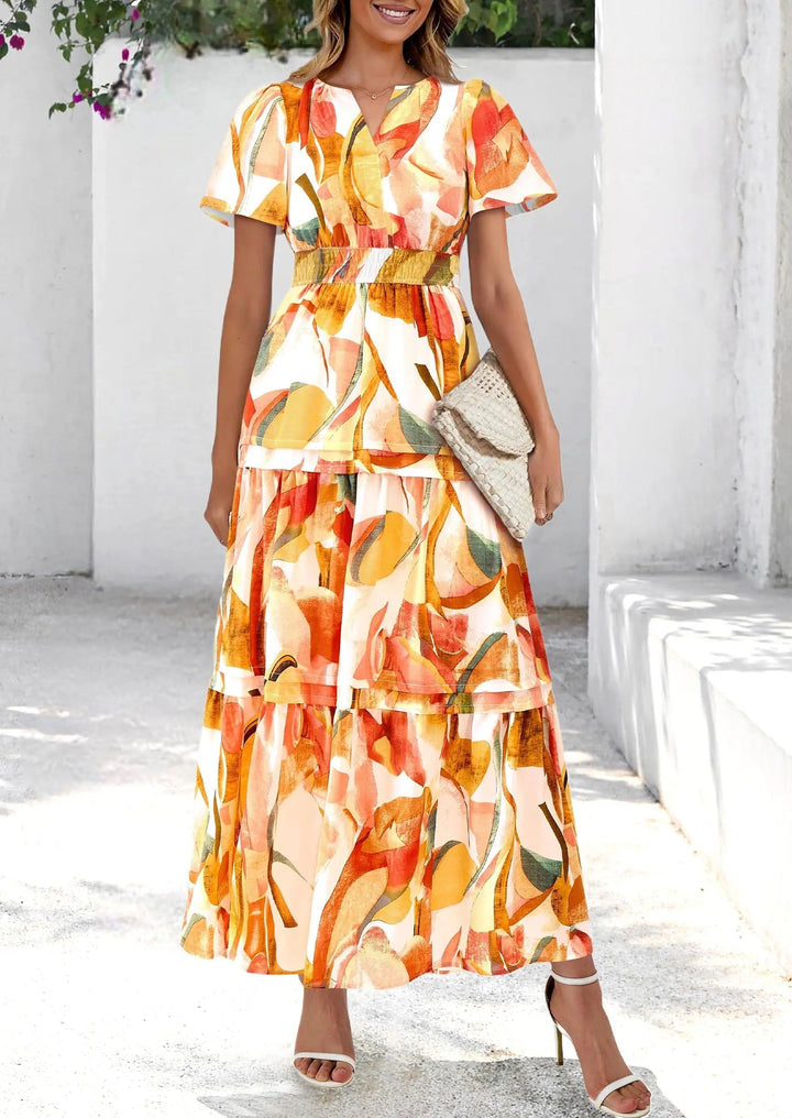 Womens Maxi Dress Floral Boho V-Neck Short Sleeve Flowy A-Line