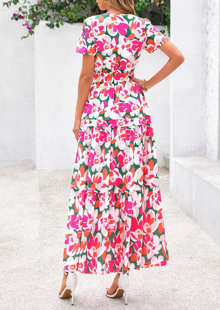 Womens Maxi Dress Floral Boho V-Neck Short Sleeve Flowy A-Line