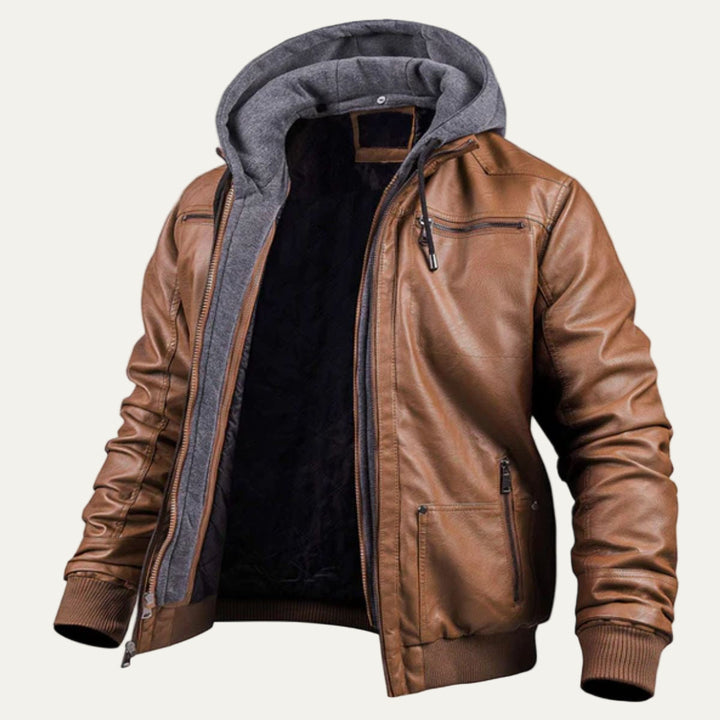 Mens Bomber Jacket Faux Leather Hybrid Knit Hood