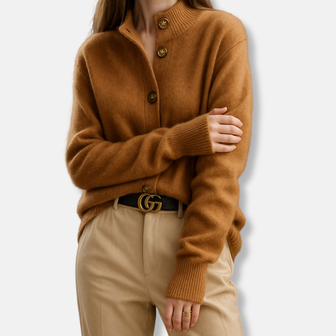 Womens Relaxed Fit Cardigan with Mock Neck and Button Front - BritishMode