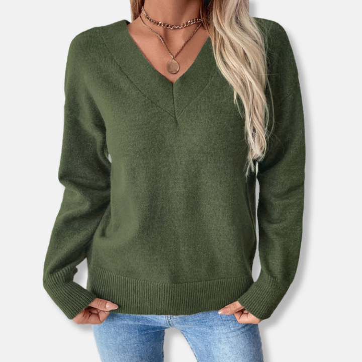Womens Ribbed V-Neck Sweater Relaxed Fit Long Sleeve - BritishMode