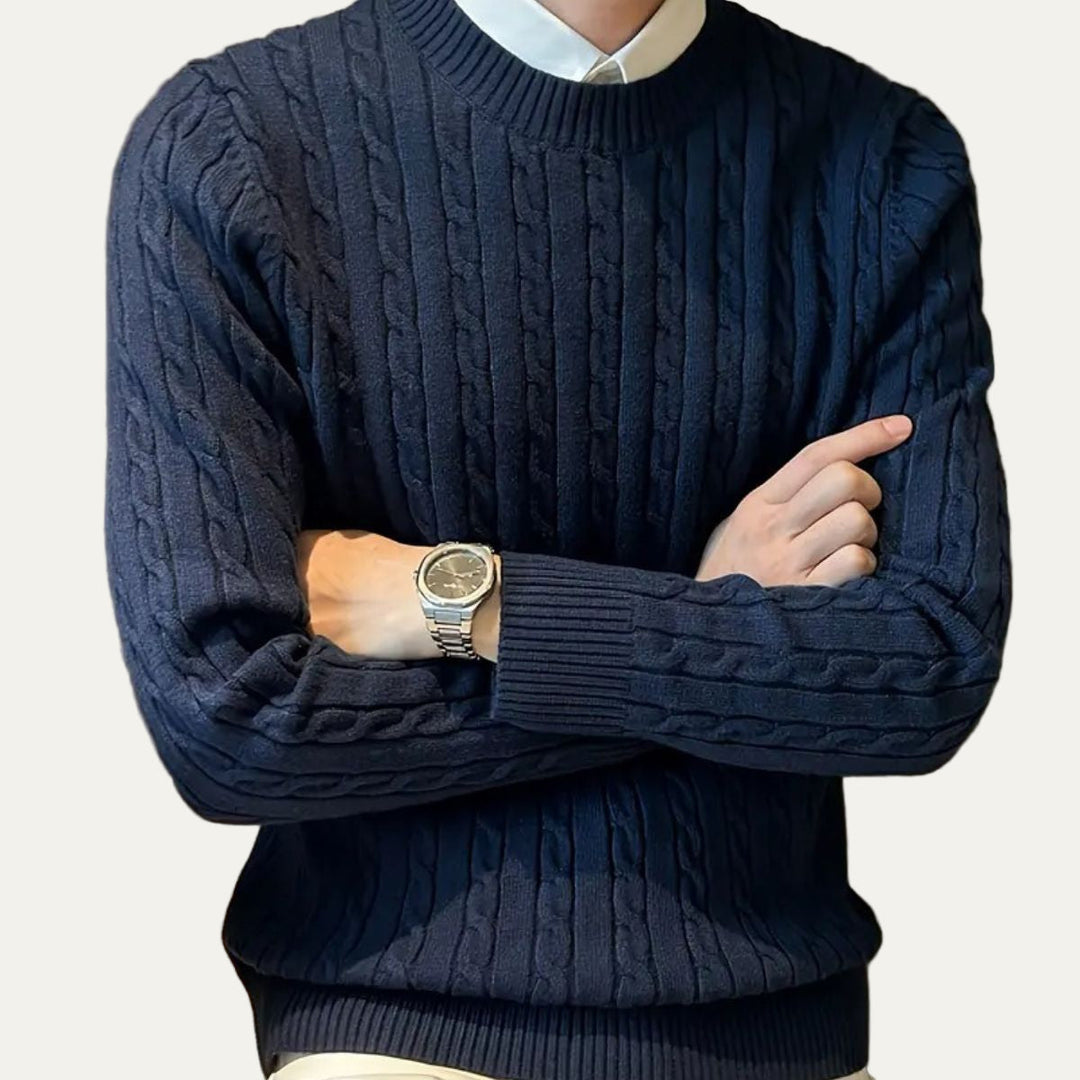 Mens Wool Cable Knit Sweater Crewneck Classic Fit