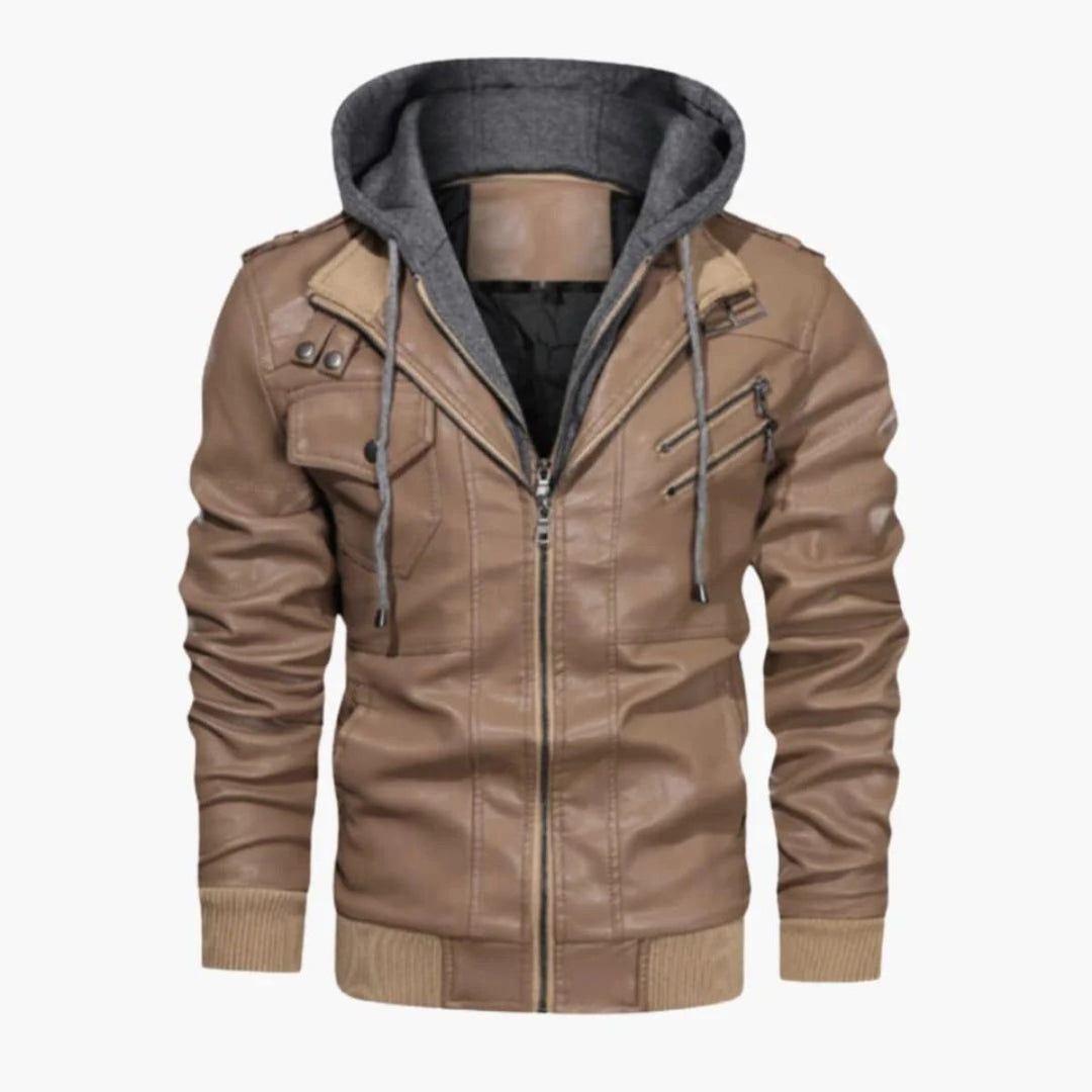 Mens Leather Bomber Jacket Hooded Classic Fit