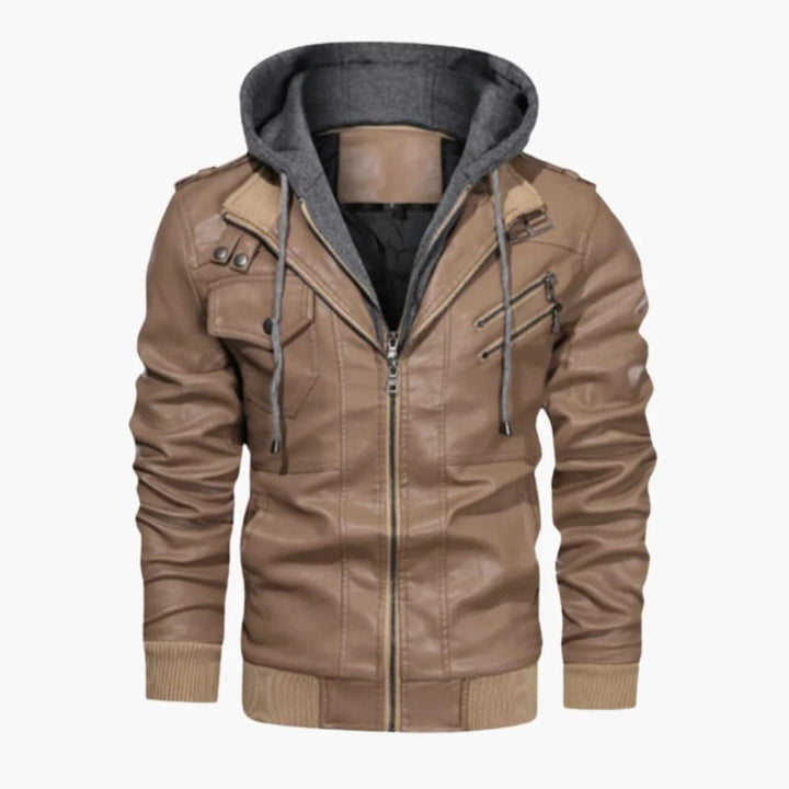 Mens Leather Bomber Jacket Hooded Classic Fit