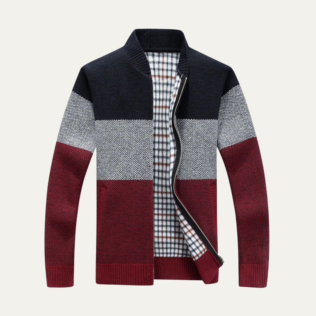 Mens Knit Cardigan Zip-Up Color Block