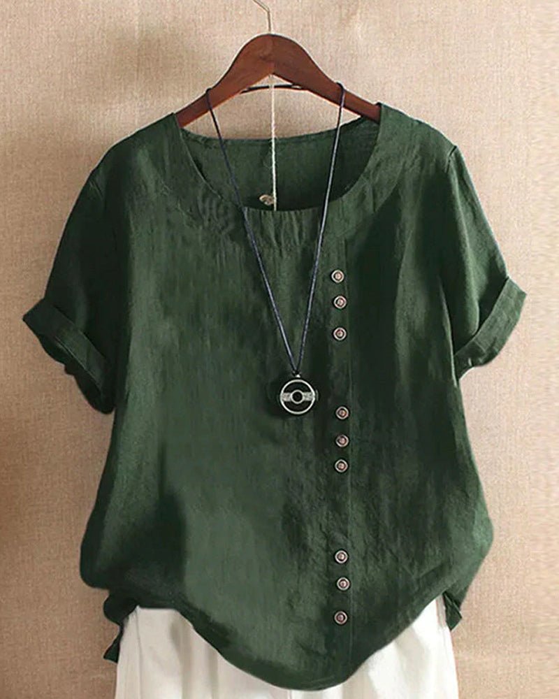 Womens Linen Blouse Casual Peasant Style Button Detail
