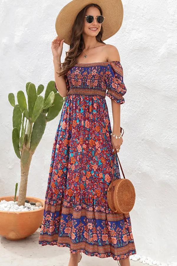 Womens Maxi Dress Printed Bohemian Smocked Short Sleeve