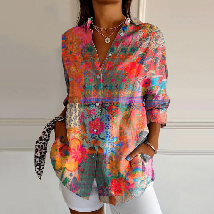 Womens Blouse Floral Print Button-Front Long Sleeve Relaxed Fit - BritishMode