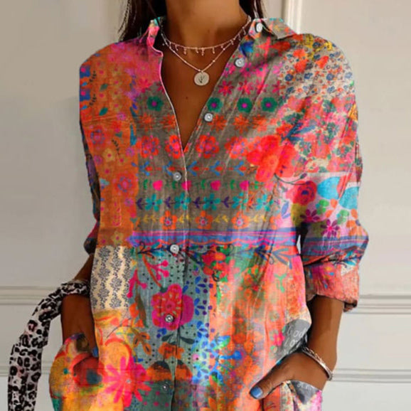 Womens Blouse Floral Print Button-Front Long Sleeve Relaxed Fit
