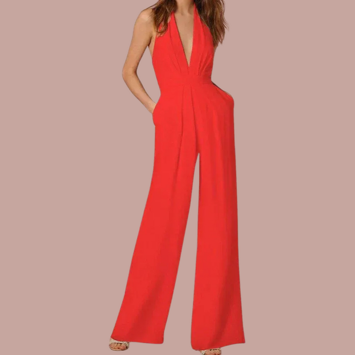 Womens Sleeveless Jumpsuit with Wide Legs and Deep V-Neck
