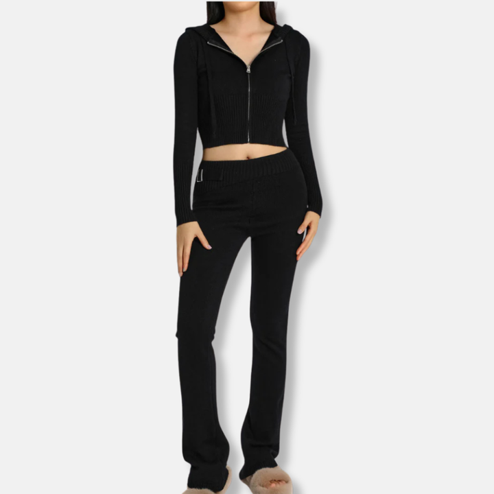 Womens Two-Piece Set Ribbed Hooded Jacket and Bootcut Pants Casual Fit