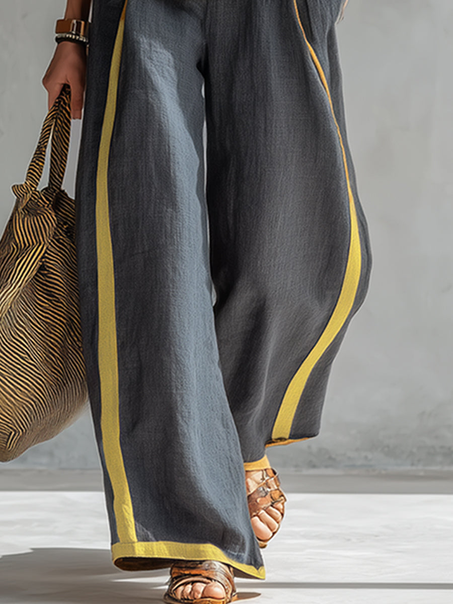 Womens Sleeveless Pants Set with Contrast Trim Wide Leg