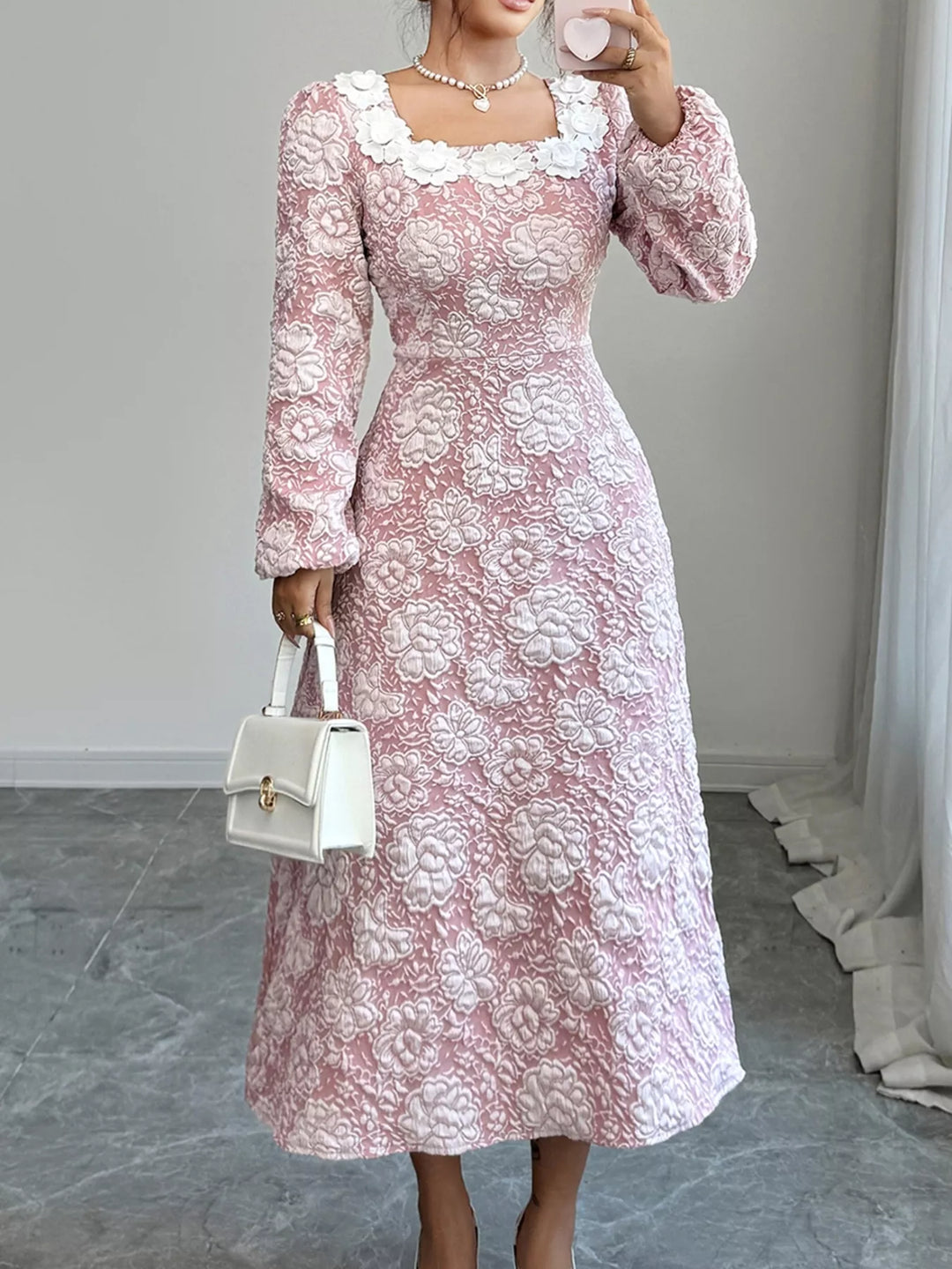 Womens Embroidered Midi Dress with Round Neck - BritishMode