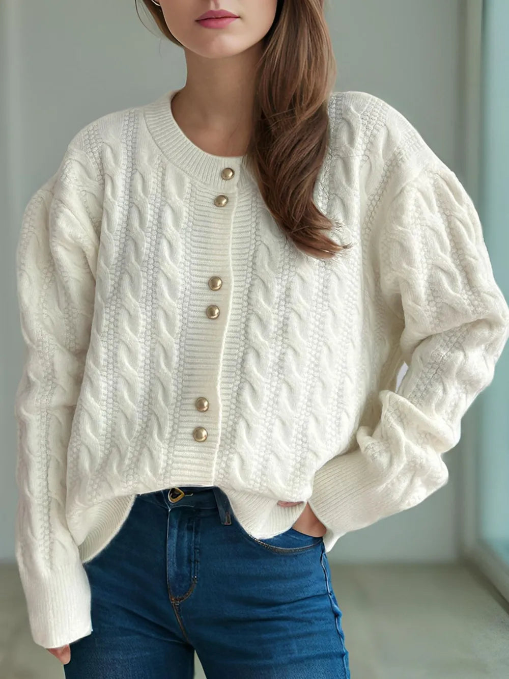 Womens Button Cardigan Sweater Cozy Crew Neck - BritishMode