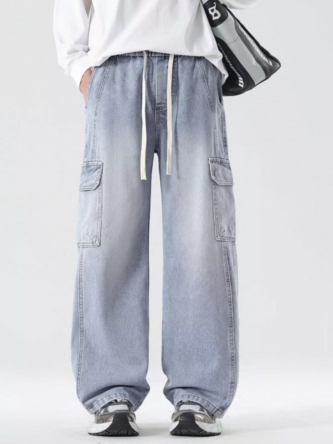 Mens Cargo Pants Relaxed Fit Elastic Waistband
