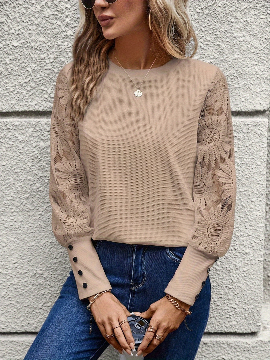 Womens Lace T-Shirt Floral Pattern Round Neck - BritishMode
