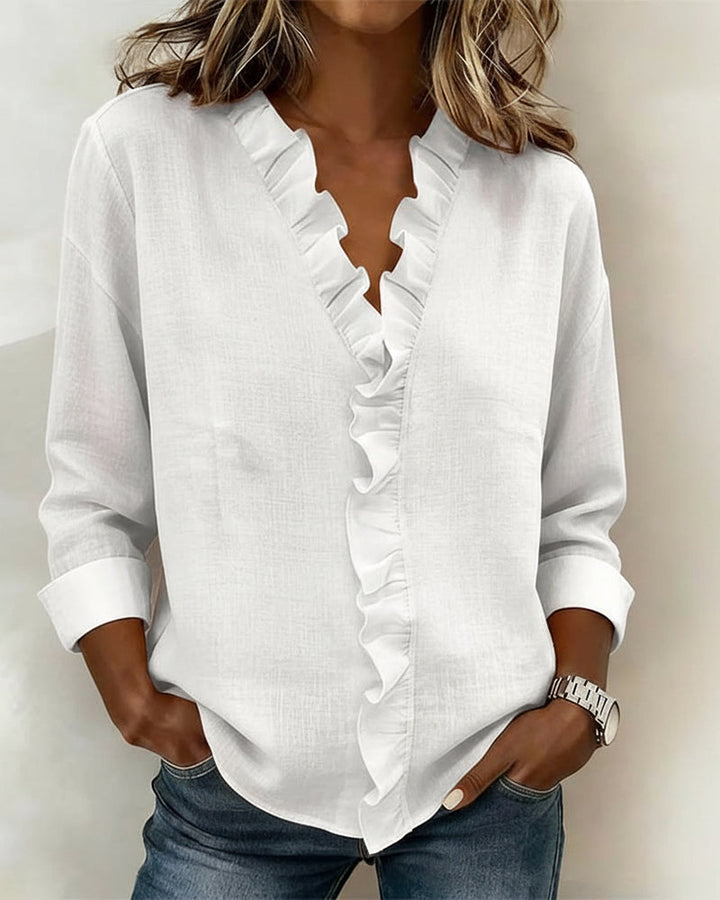 Womens Long Sleeve Blouse with Ruffle V-Neck Relaxed Fit